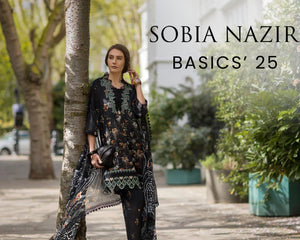 Woman in a black floral outfit standing next to a tree with 'Sobia Nazir Basics' 25 text.