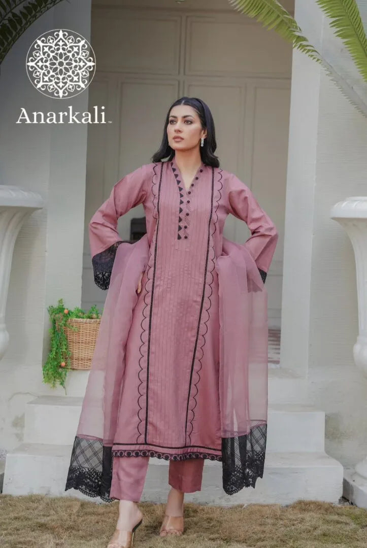 Qaus-e-Qaza Eid Collection 3Piece Stitched Suit (Mauve Pink)