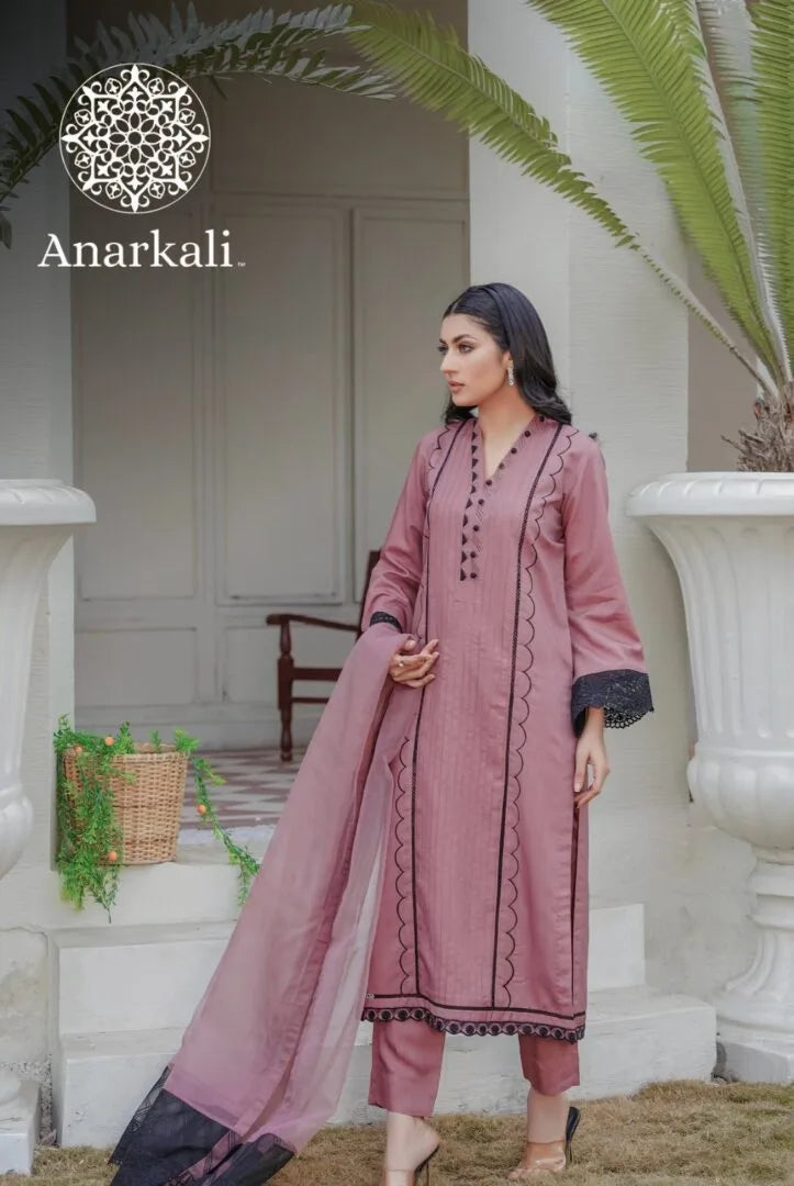 Qaus-e-Qaza Eid Collection 3Piece Stitched Suit (Mauve Pink)