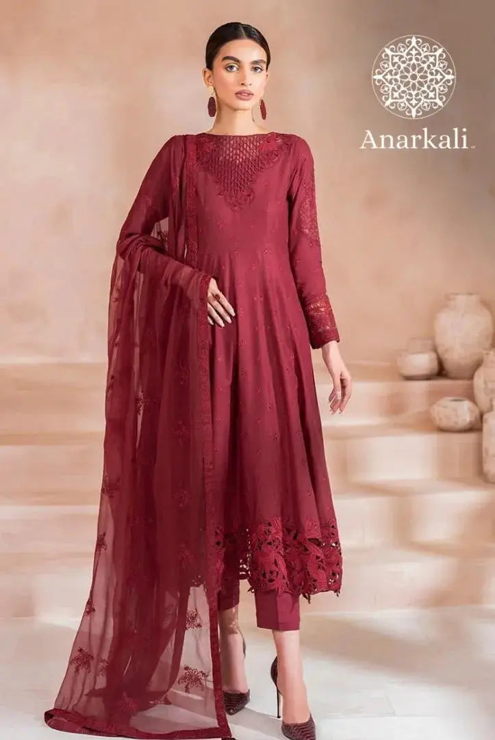 Iznik Pret Embroidered Lawn Collection 3Piece Stitched Suit(light Maroon)