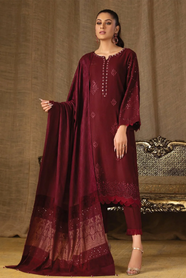 Tehzeeb By Riaz Arts Embroidered Leather Peach With Velvet Shawl Suits Collection - 07