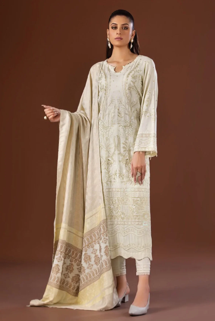 Tehzeeb By Riaz Arts Embroidered Leather Peach With Velvet Shawl Suits Collection - 10