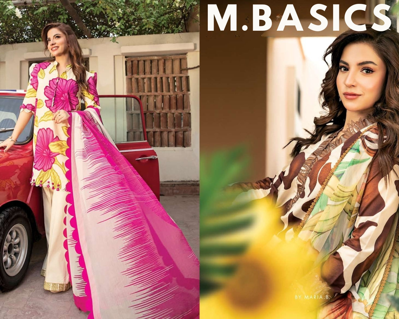 Two women in colorful outfits with 'M.BASICS' branding.