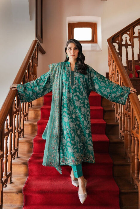 3 Piece Stitched Cotton Embroidered Suit From Satin Deluxe By Cross Stitch - Verdant Haven