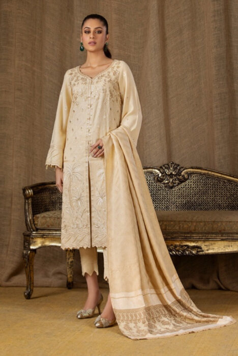 Tehzeeb By Riaz Arts Embroidered Leather Peach With Velvet Shawl Suits Collection - 01