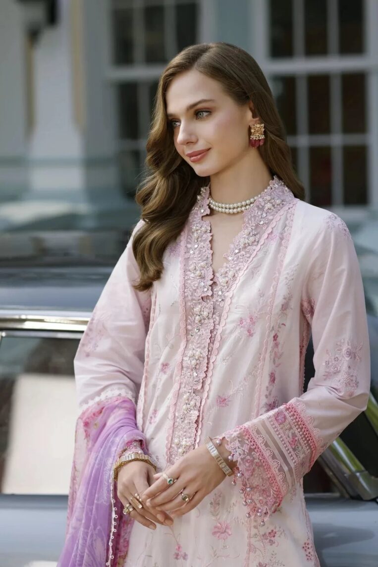 Noor By Sadia Asad Handwork Schiffli Laserkari '23 3 Piece Stitched Suit - Fauna - Image 2