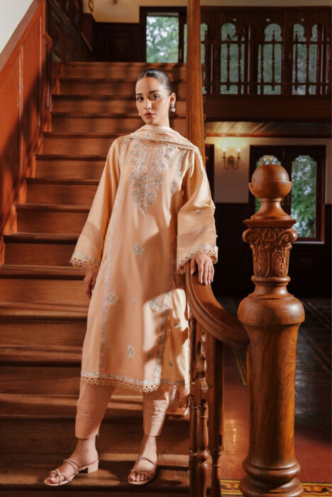 3 Piece Stitched Cotton Embroidered Suit From Satin Deluxe By Cross Stitch - Coral Charm
