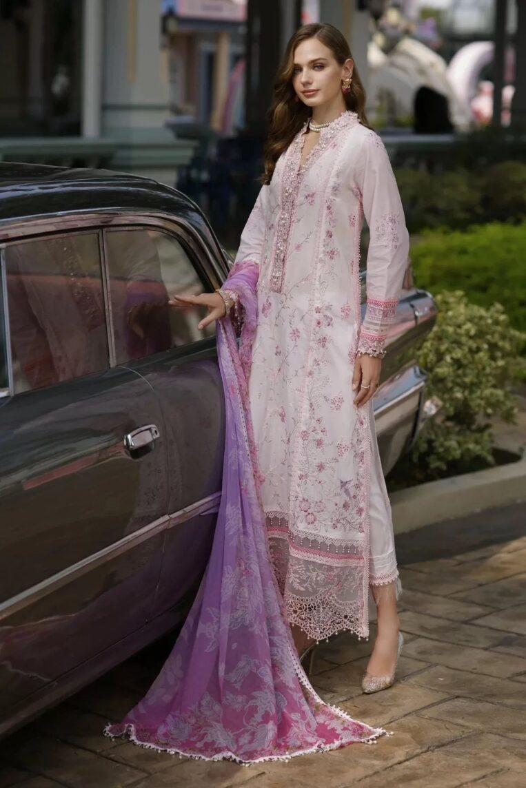 Noor By Sadia Asad Handwork Schiffli Laserkari '23 3 Piece Stitched Suit - Fauna - Image 3