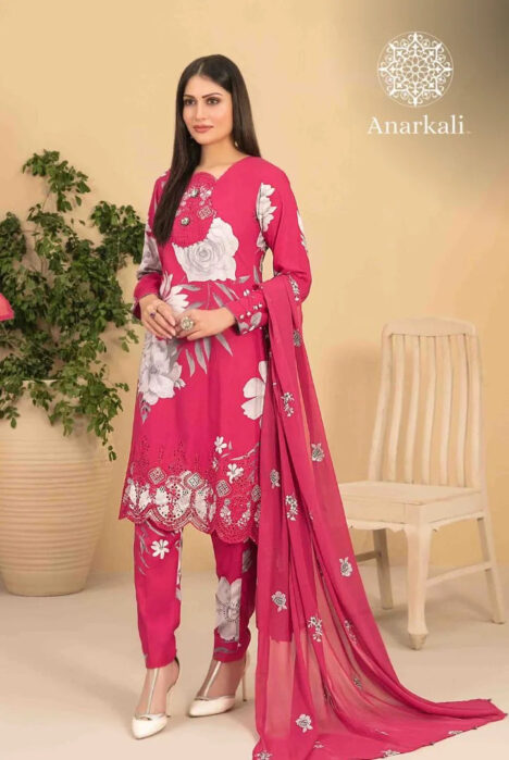Avizeh Embroidered 3 Piece Stitched Suit (Dark Pink)