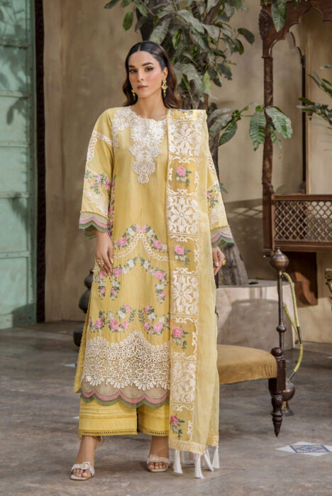 3 Piece Stitched Luxury Lawn Embroidered Suits Collection By Eshaisha - SUNLIT ELEGANCE