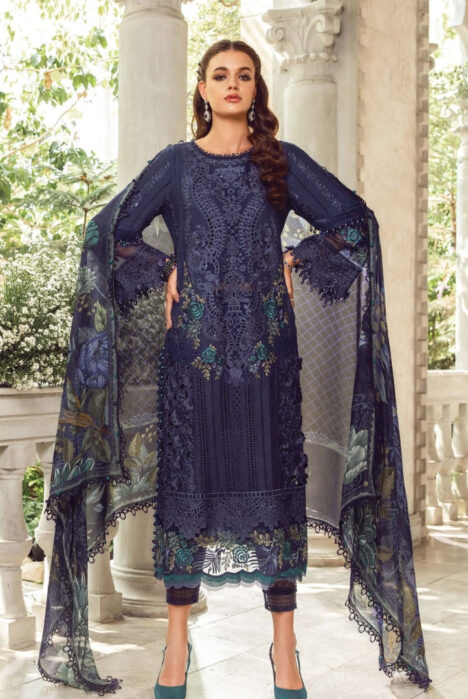 3 Piece Stitched Luxury Embroidered Lawn Eid Collection By Maria.B - Navy Blue