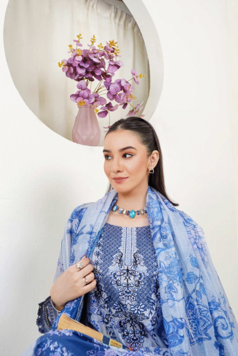 3 Piece Stitched Digital Printed Embroidered Lawn Suit From Zara '25 Collection - SONIC BLUE