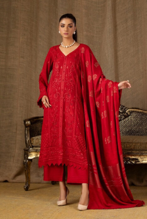 Tehzeeb By Riaz Arts Embroidered Leather Peach With Velvet Shawl Suits Collection - 03