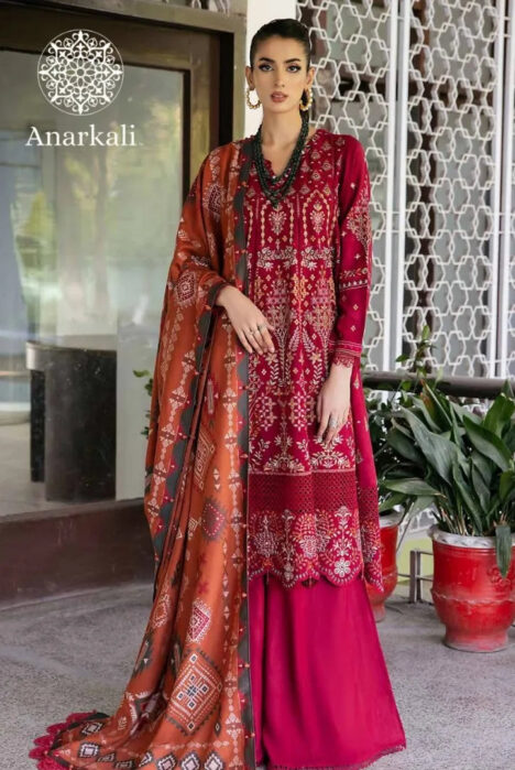 Nureh Exclusive Embroidered 3Piece Stitched Suit (Dark Pink)