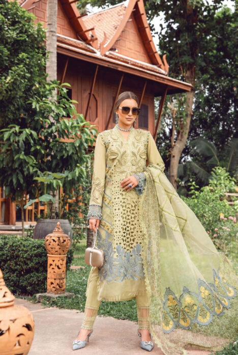 3 Piece Stitched Luxury Embroidered Lawn Eid Collection By Maria.B - Pista Green