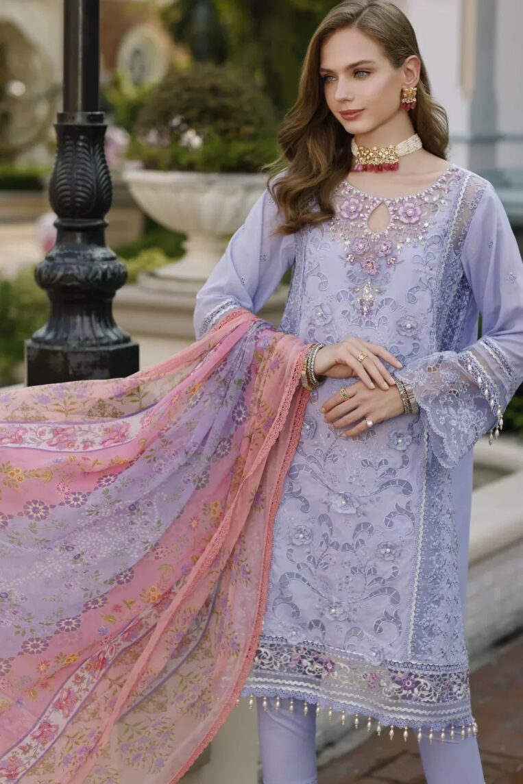 Noor By Sadia Asad Handwork Schiffli Laserkari '23 3 Piece Stitched Suit - Iris - Image 2