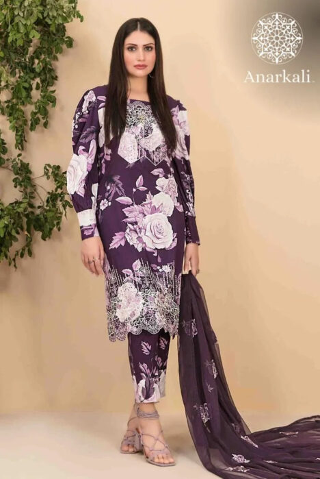 Avizeh Embroidered 3 Piece Stitched Suit (Royal Purple)