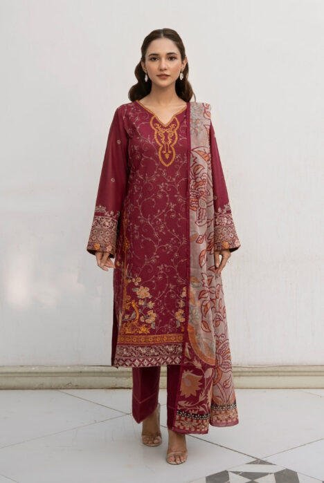 Inej By Usama Sidhu 3 Piece Stitched Embroidered Lawn Suit - Maroon