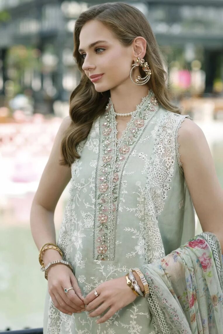 Noor By Sadia Asad Handwork Schiffli Laserkari '23 3 Piece Stitched Suit - Sabeena - Image 3