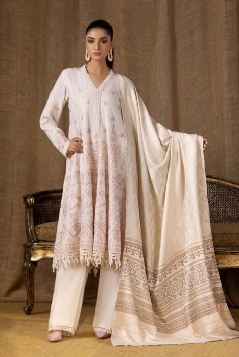 Tehzeeb By Riaz Arts Embroidered Leather Peach With Velvet Shawl Suits Collection - 09