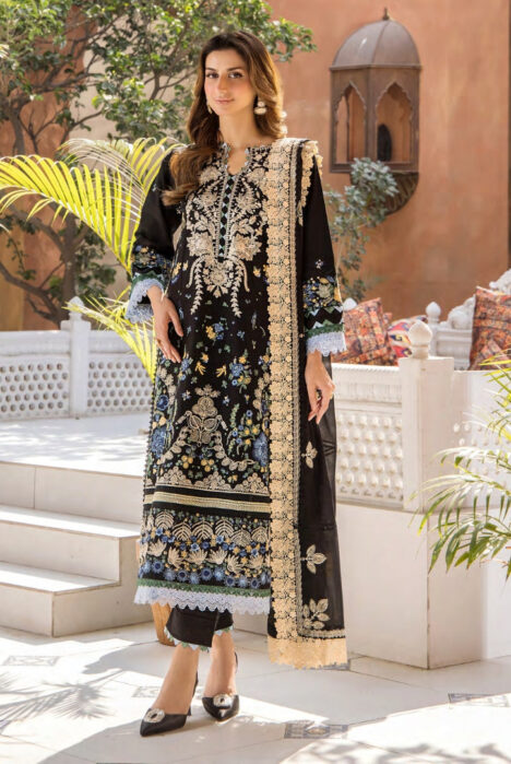 3 Piece Stitched Luxury Lawn Embroidered Suits Collection By Eshaisha - GOLDEN OBSIDIAN