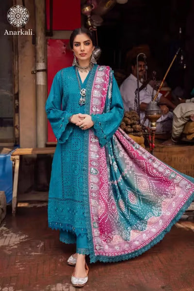 Nureh Bazaar | 3Piece Stitched Chikankari Khaddar with Embroidered Mukesh Work Shawl Suit - 01
